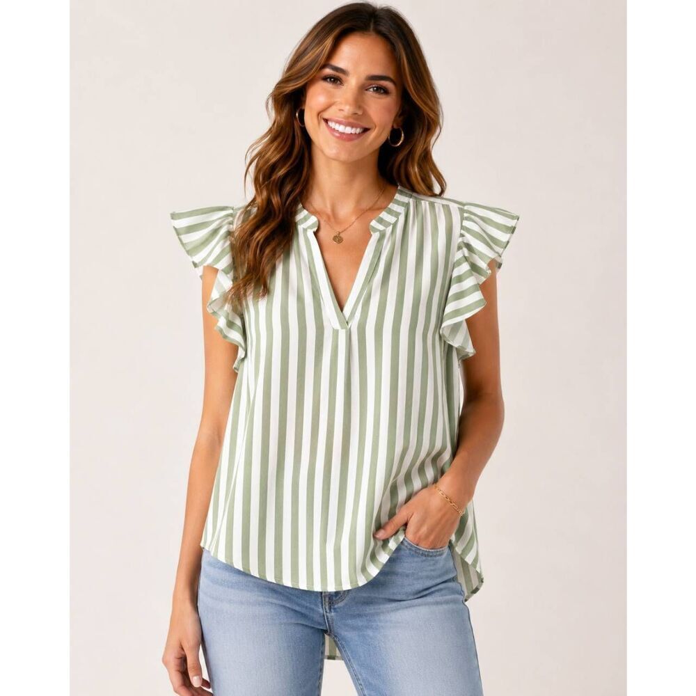 Staccato L Green Stripe Ruffle Blouse